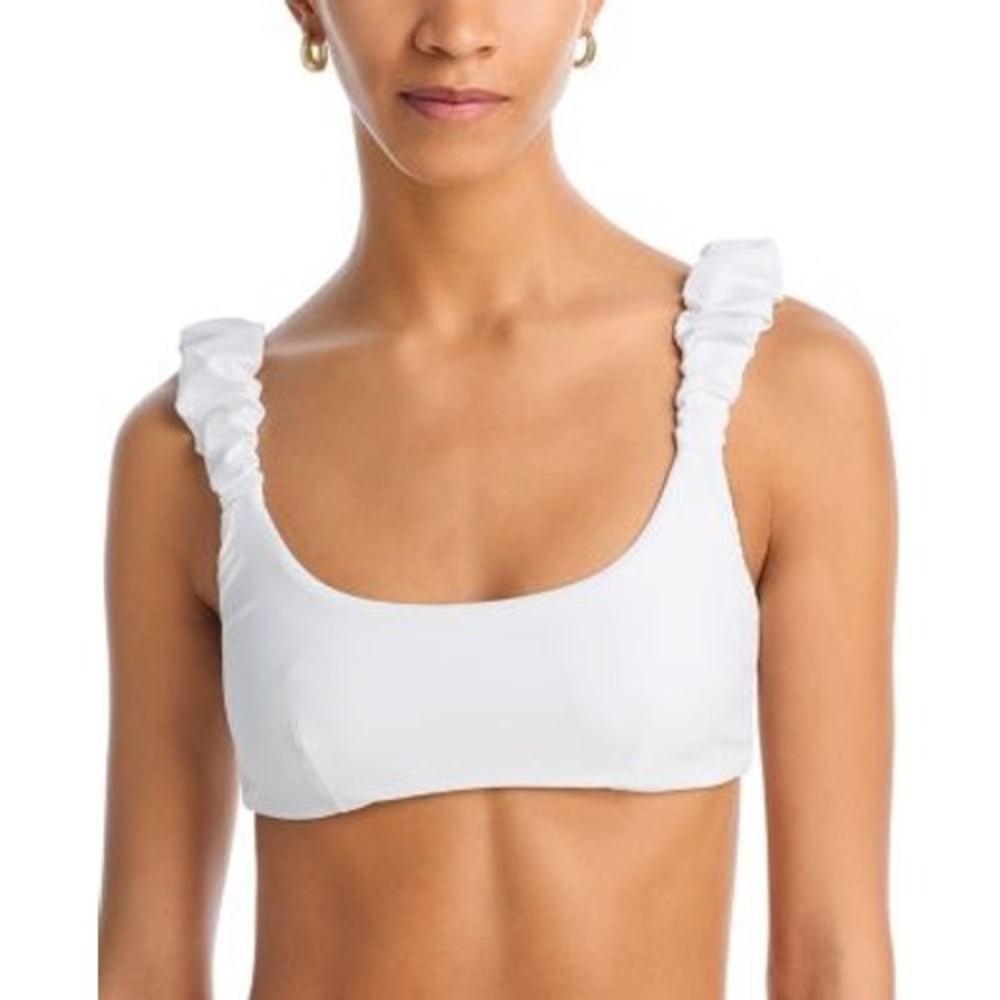 Ramy Brook Bikini Top Women M White Ruched Scoop Gold Hardware Resort $118 NWT